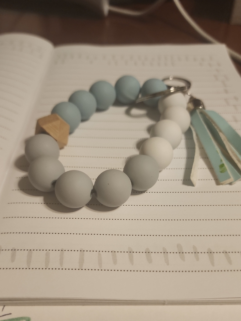 Silicone Bead Keyring Wristlet in Light Blue, Gray & White